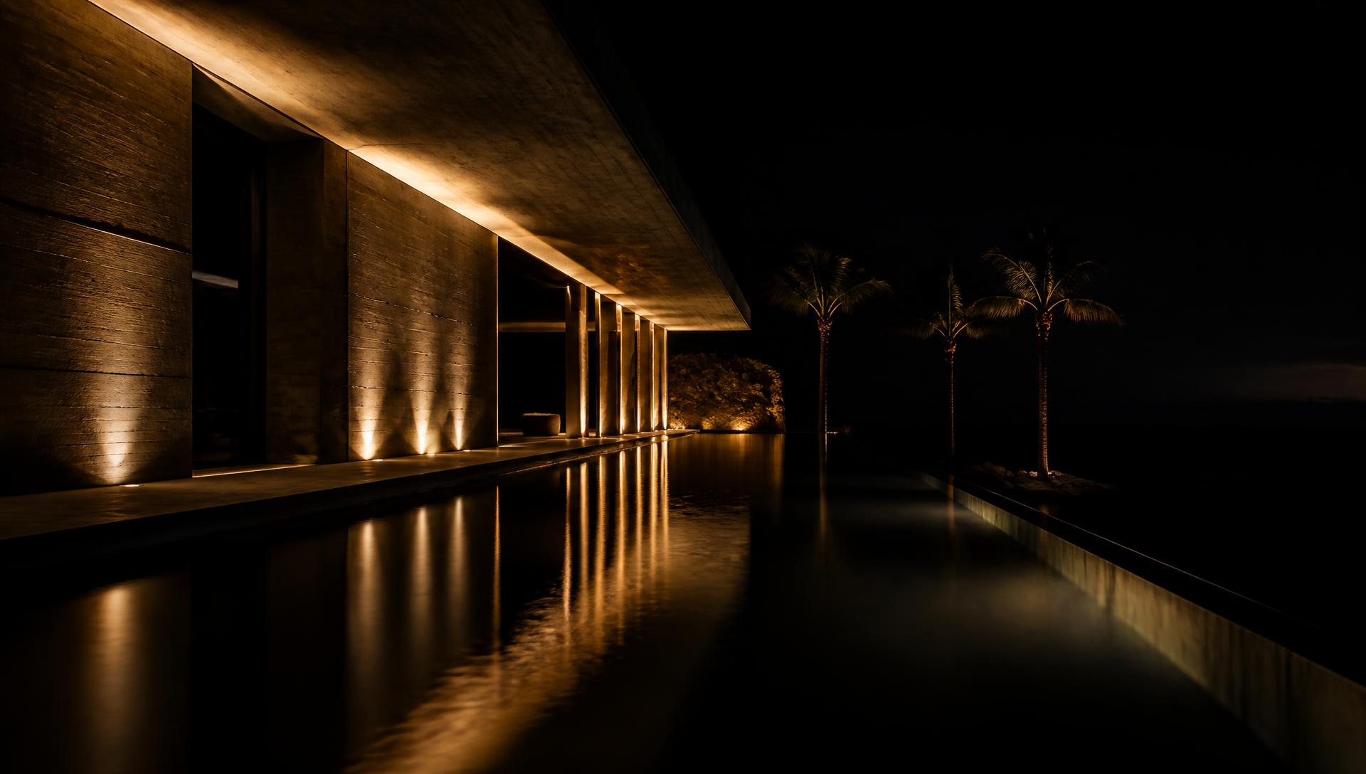 Reflecting pool at night beside a warmly lit concrete residence