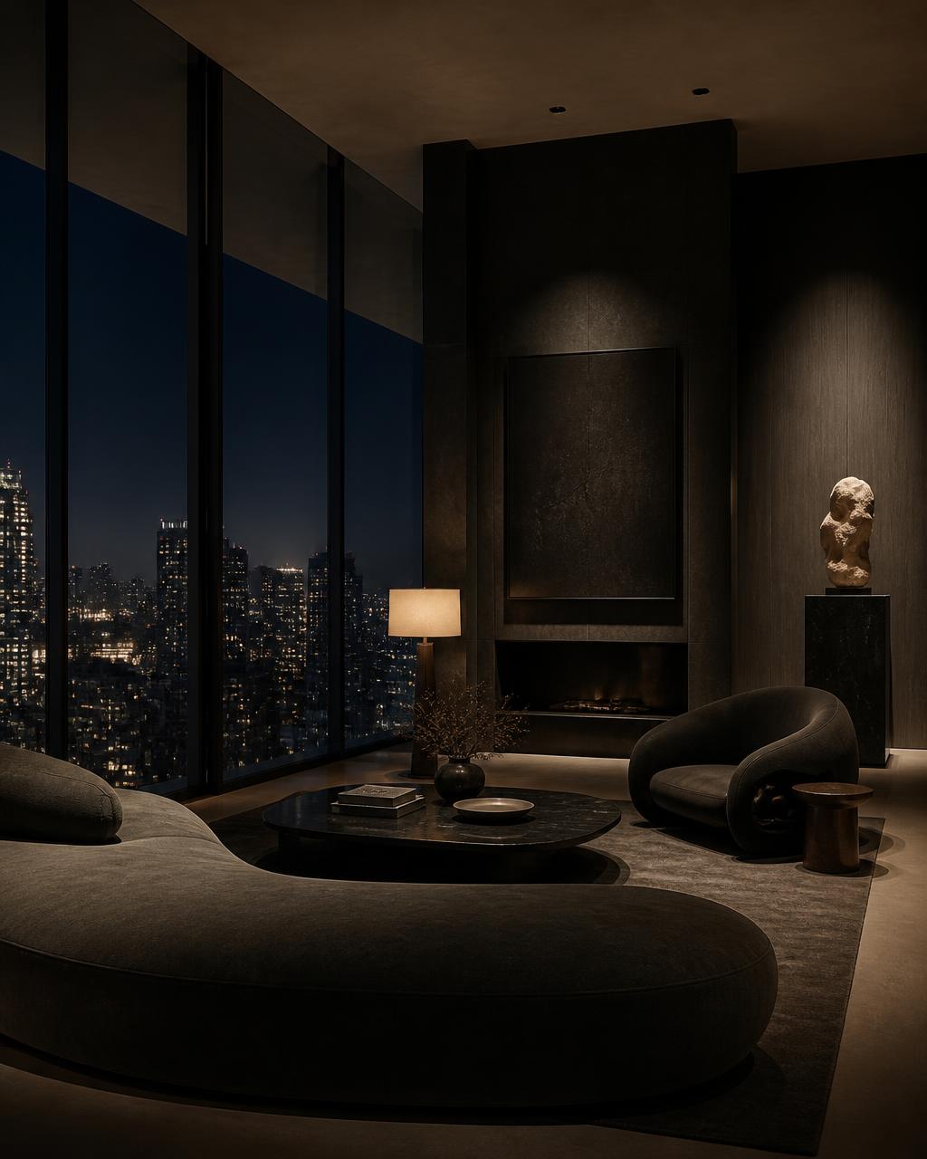 Dark modern living room at night overlooking city lights
