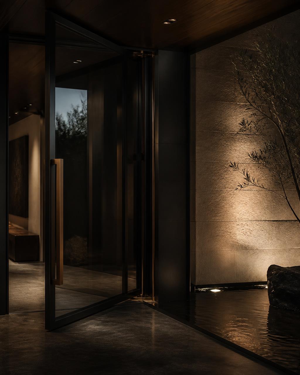 Bronze and glass entry detail of a luxury desert residence at night