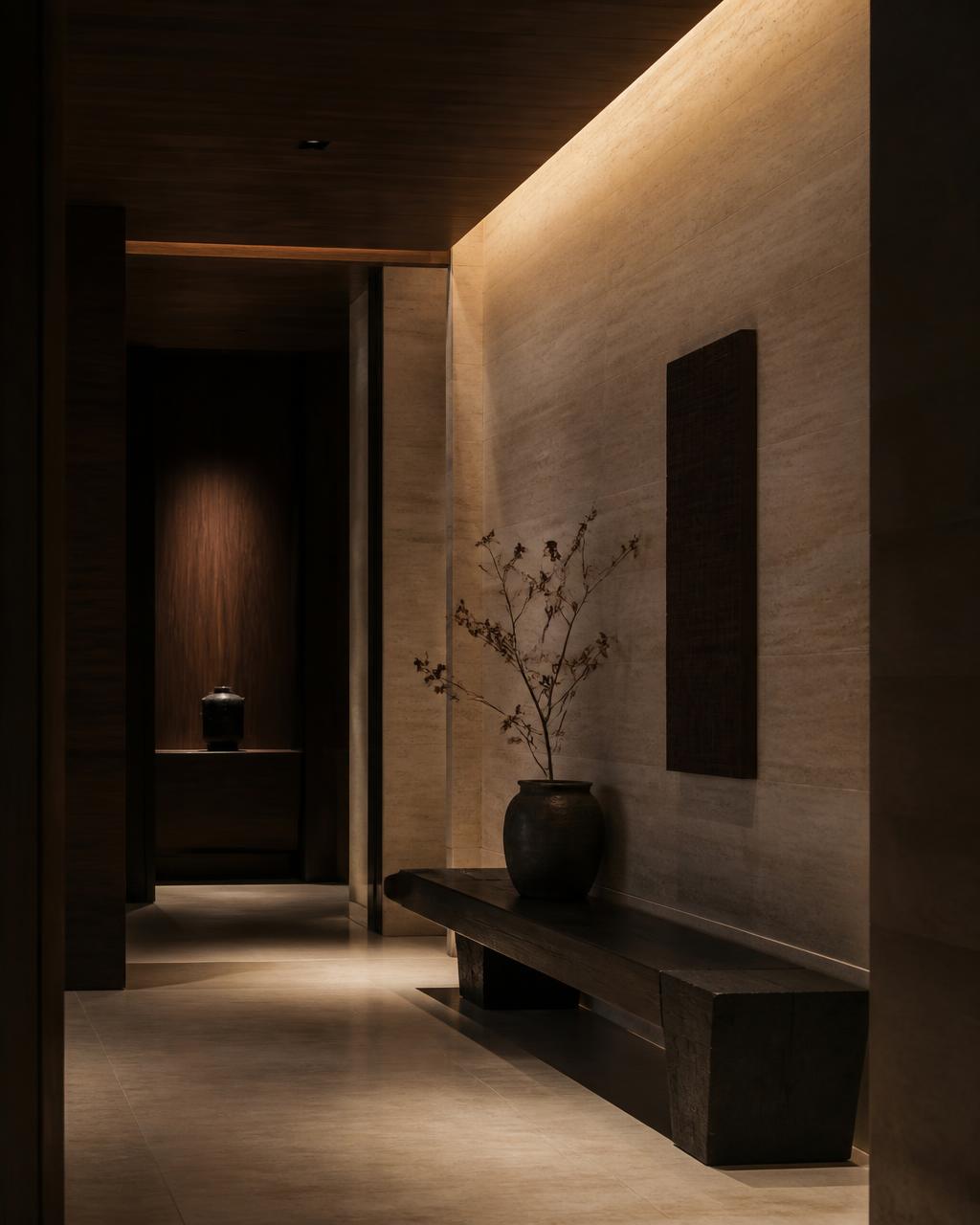 Softly lit stone hallway in a modern private residence